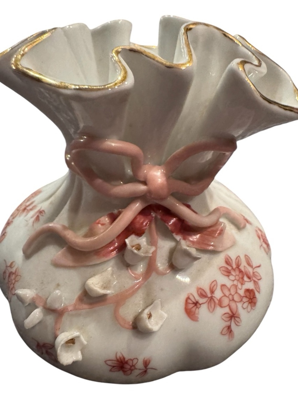 Vintage Porcelain Drawstring Bag Vase Pink Bow Ribbon 3d Flowers Gold Trim